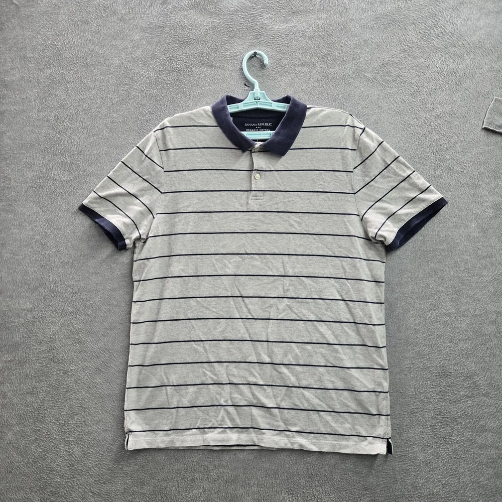 Banana Republic Men Polo L Gray Navy Striped Organic Cotton Short Sleeve